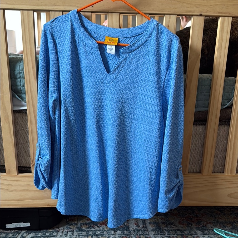 Ruby Rd. V-Neck Blue Blouse with Roll-Tab Sleeves